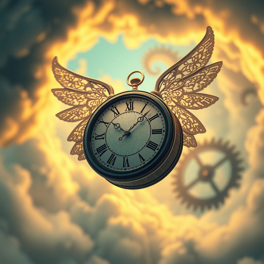 Winged Clock Soaring Through Dreamlike Vortex