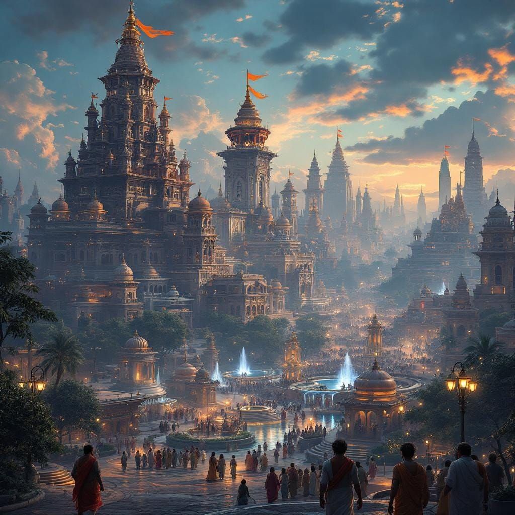 Majestic Hindu Cityscape at Dawn: Traditional Meets Modern