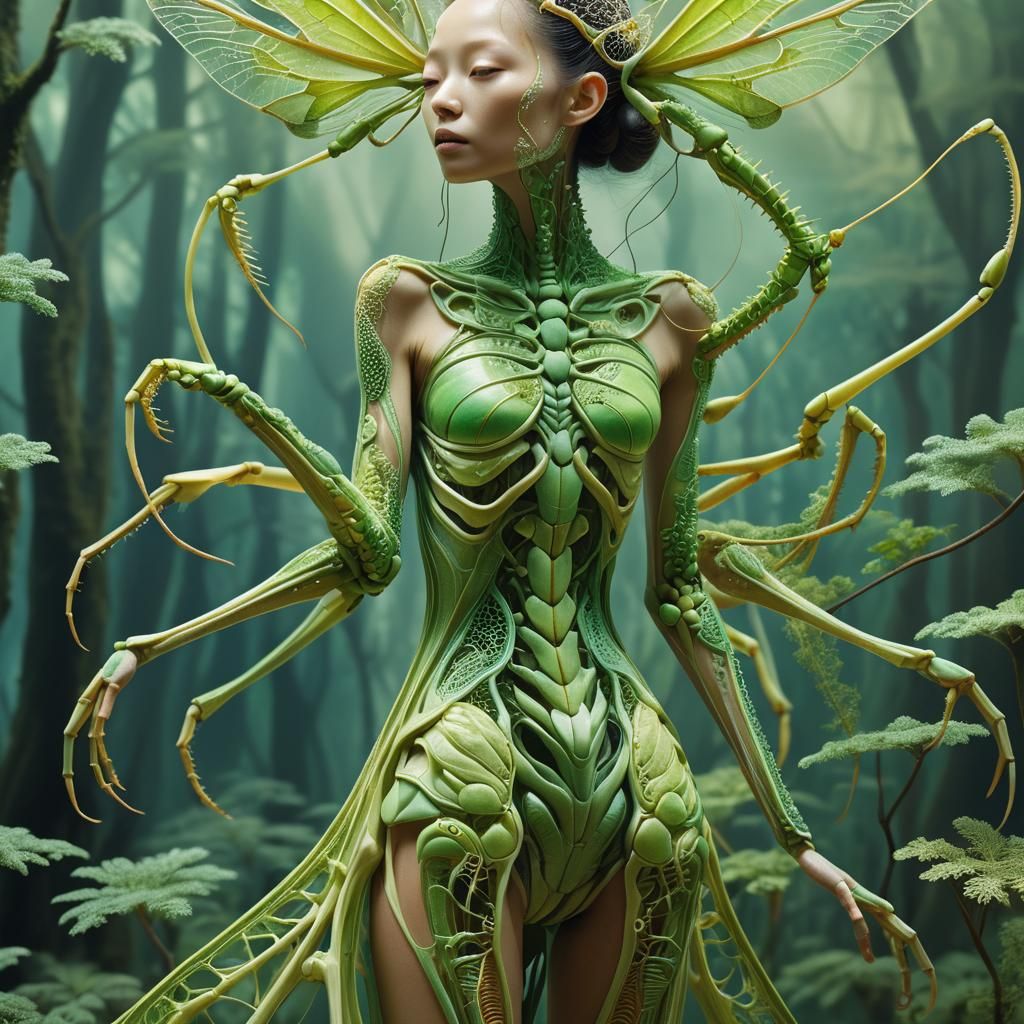 Mantis-Human Hybrid in Mycelium Network, Fashion Magazine Ar...