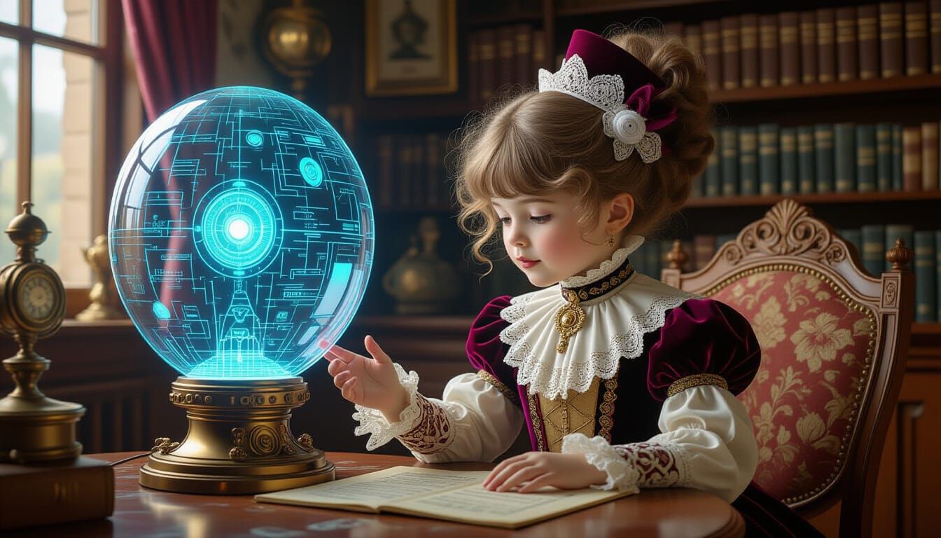 Victorian Child Plays with Futuristic Hologram Tutor