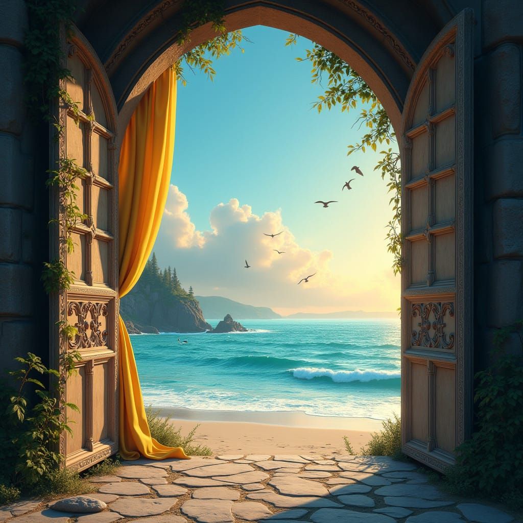 Surreal Beach Scene Through Ornate Window Frame