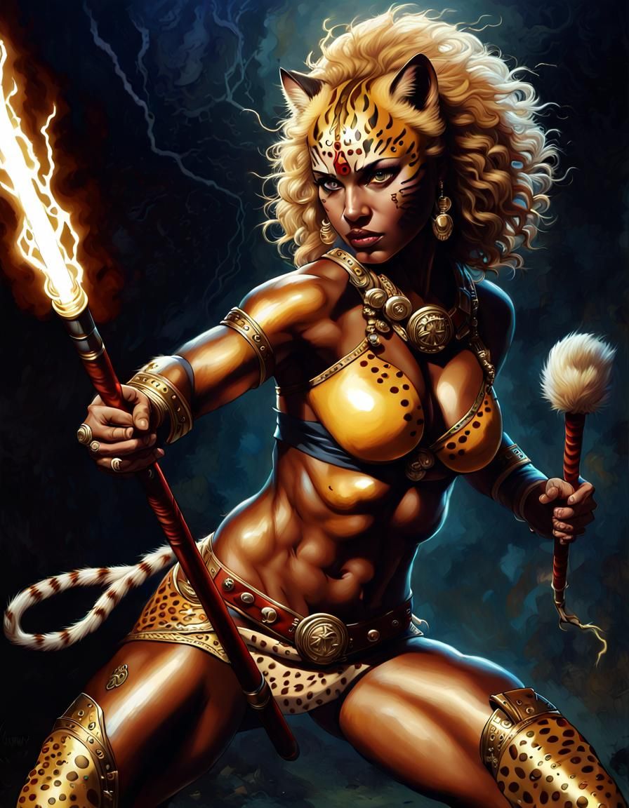 Cheetara fighting with her baton/bo staff