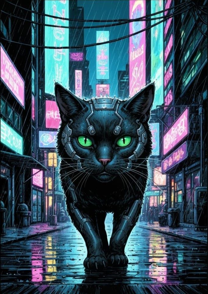 Cyberpunk Cat in Neon City