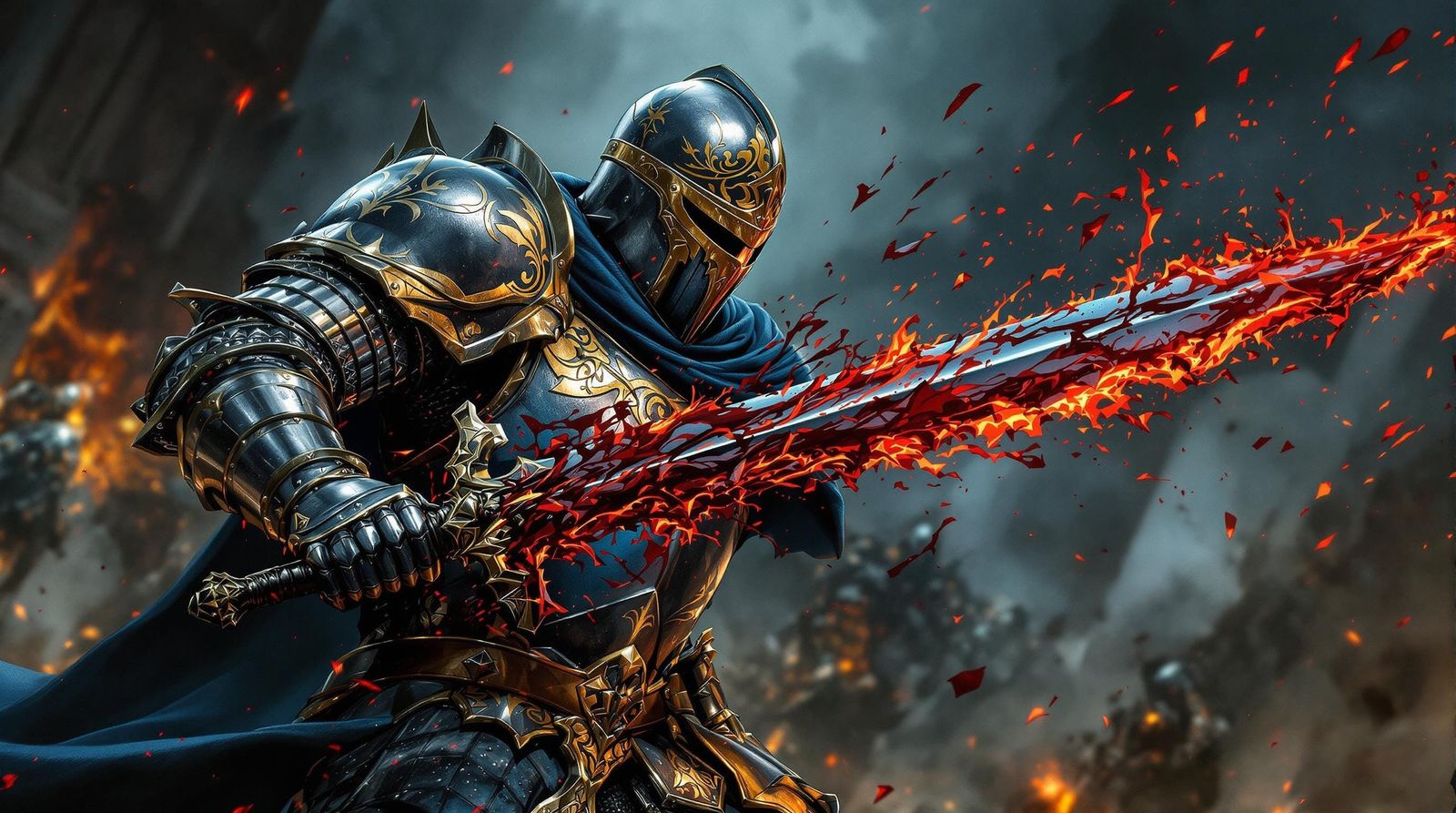 Knight in Black Armor Strikes Down Foe