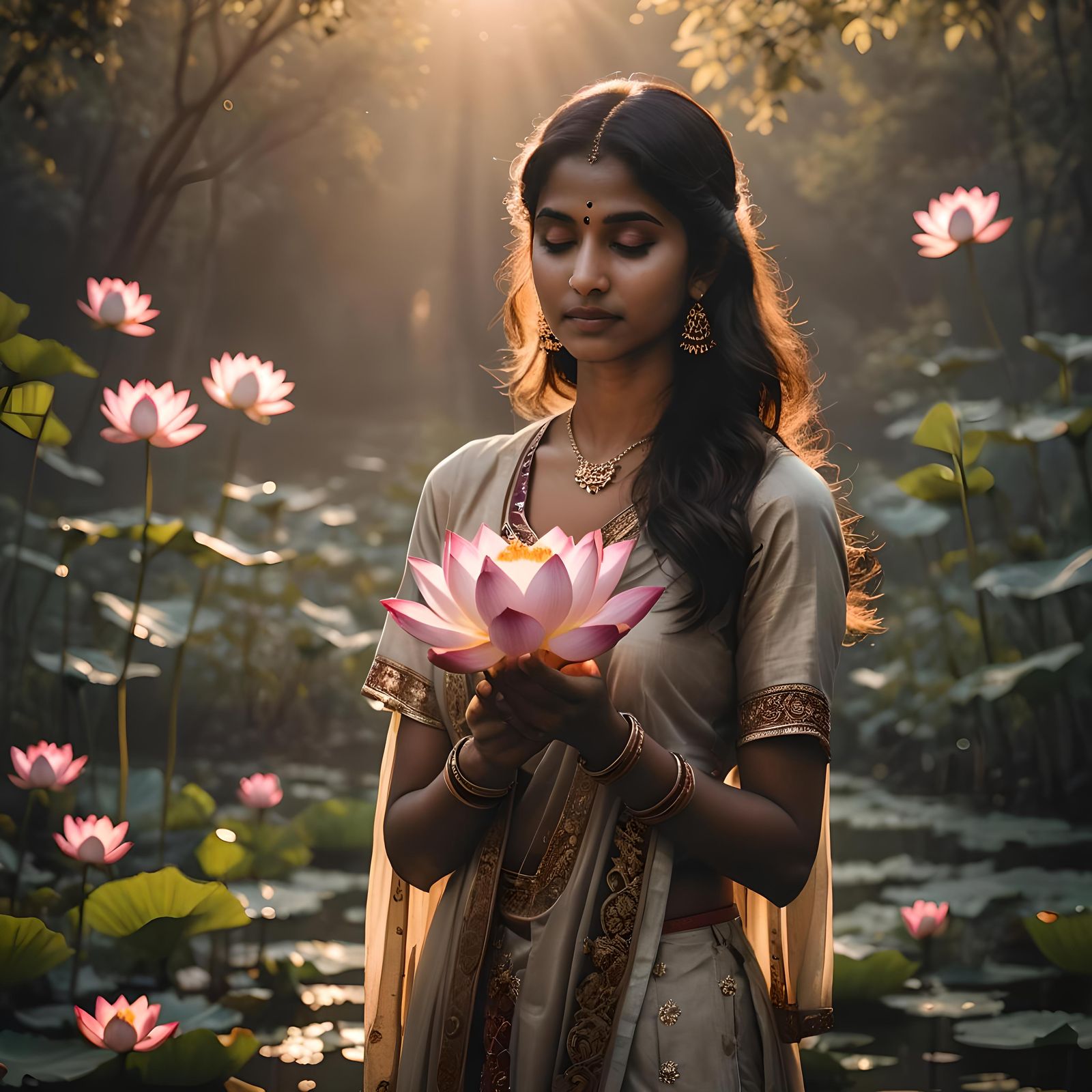 Indian Woman with Lotus Flower in Evening Light