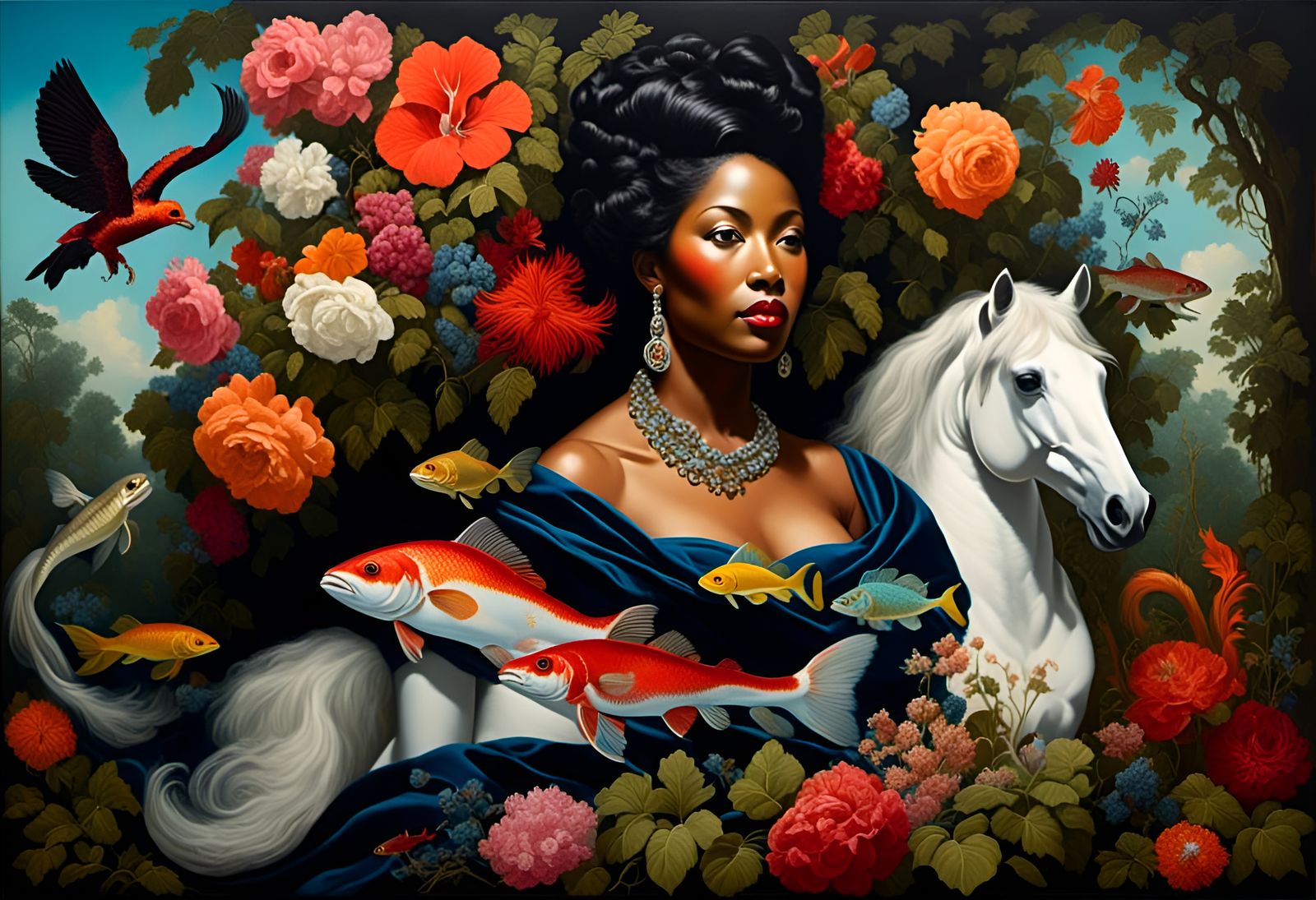 Afrofuturistic Mother of Cryptids in Boschian Hellscape