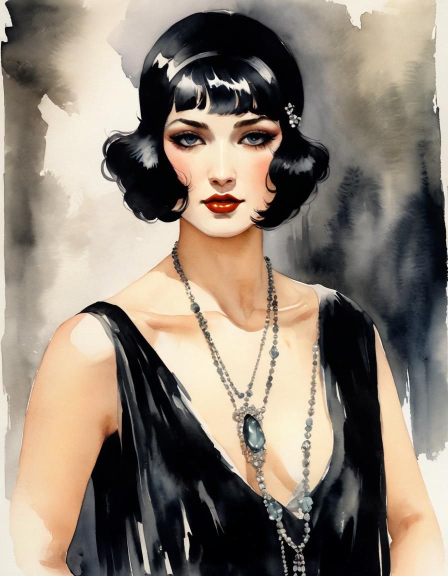 Flapper Girl with Gemstone Pendant in Watercolor Style