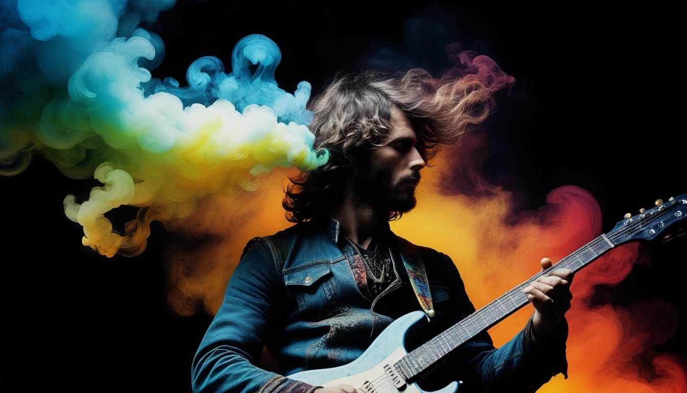 Surreal Rocker Portrait: Guitar in Smoke, Watercolor Style