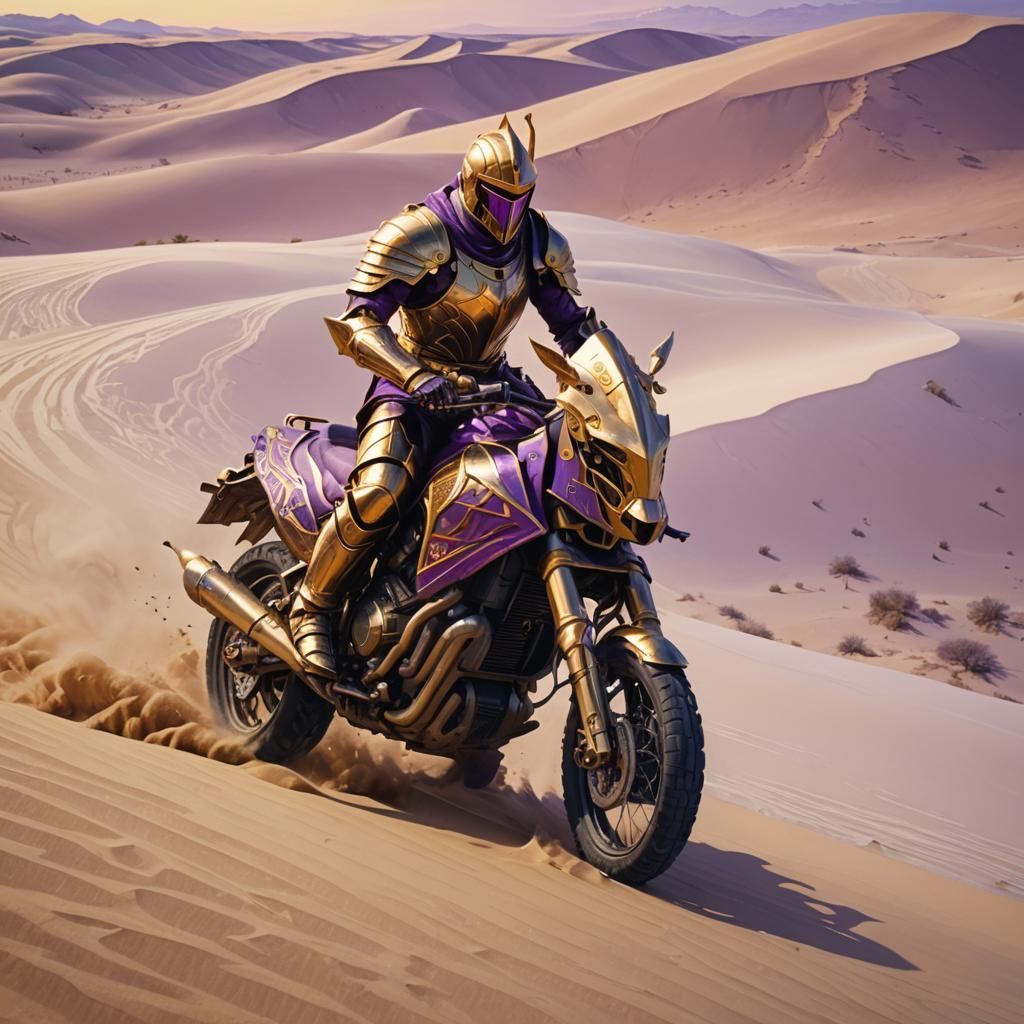 Golden Knight on Purple Bike, Dark Fantasy Art