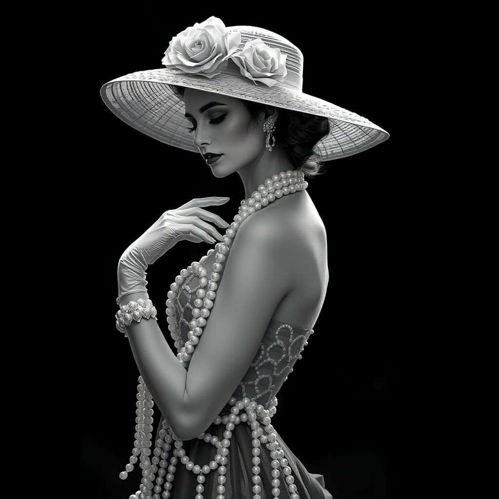 Elegant Woman in Pearl-Adorned Gown, Classic Hollywood Style
