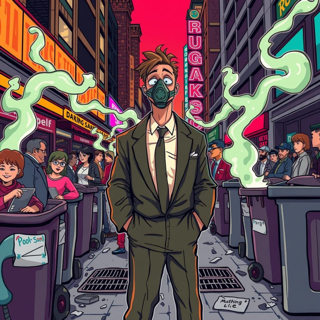 Man in Gas Mask Amidst Cartoon Stench