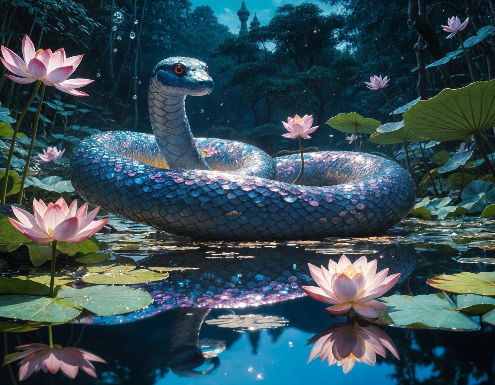 Iridescent Snake in Mystical Lotus Pond, Ghibli Style