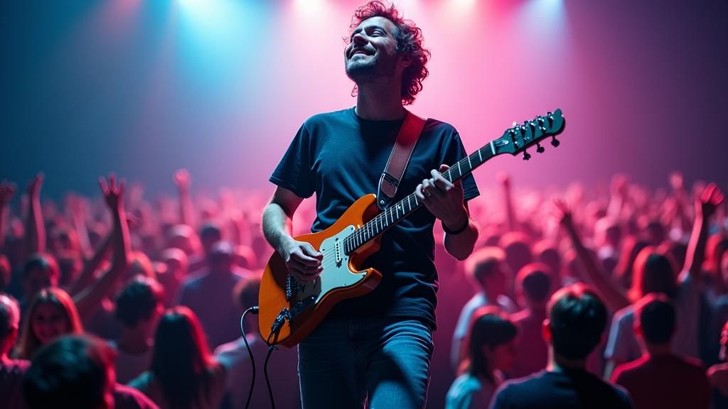 Guitarist's Joyful Performance on Stage