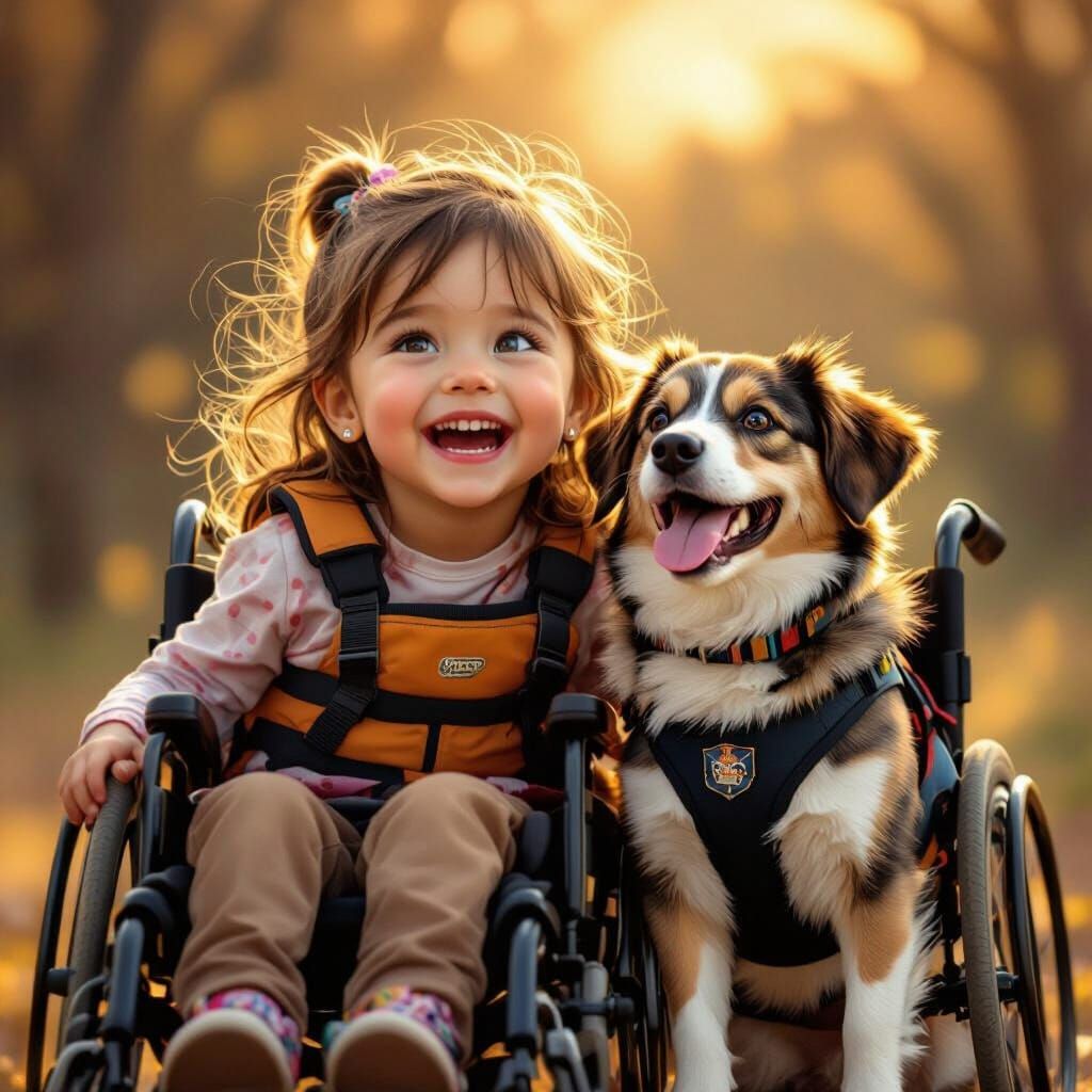 Joyful Girl in Wheelchair Laughs with Working Dog