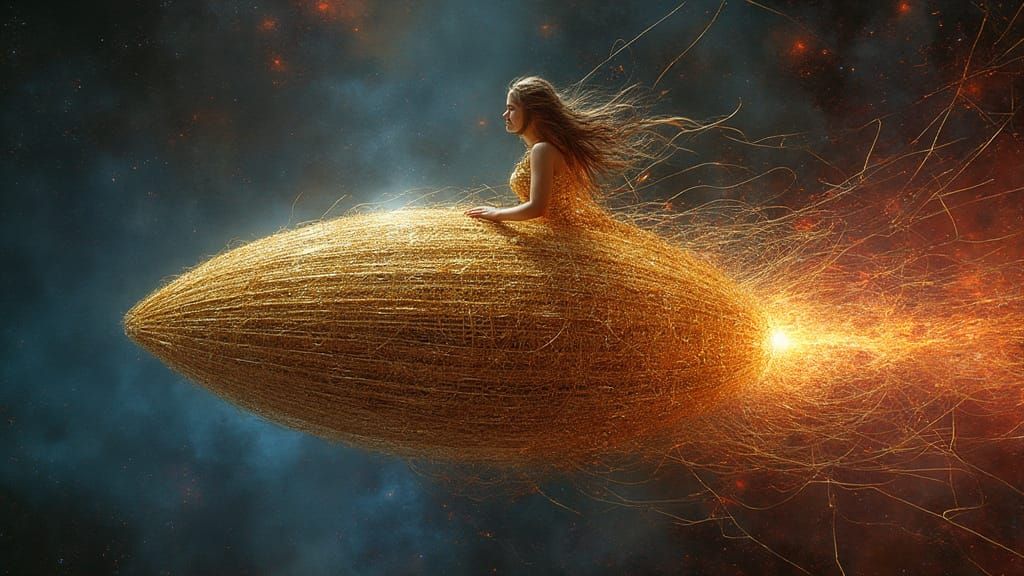 Golden Thread Spaceship with Cosmic Lighting