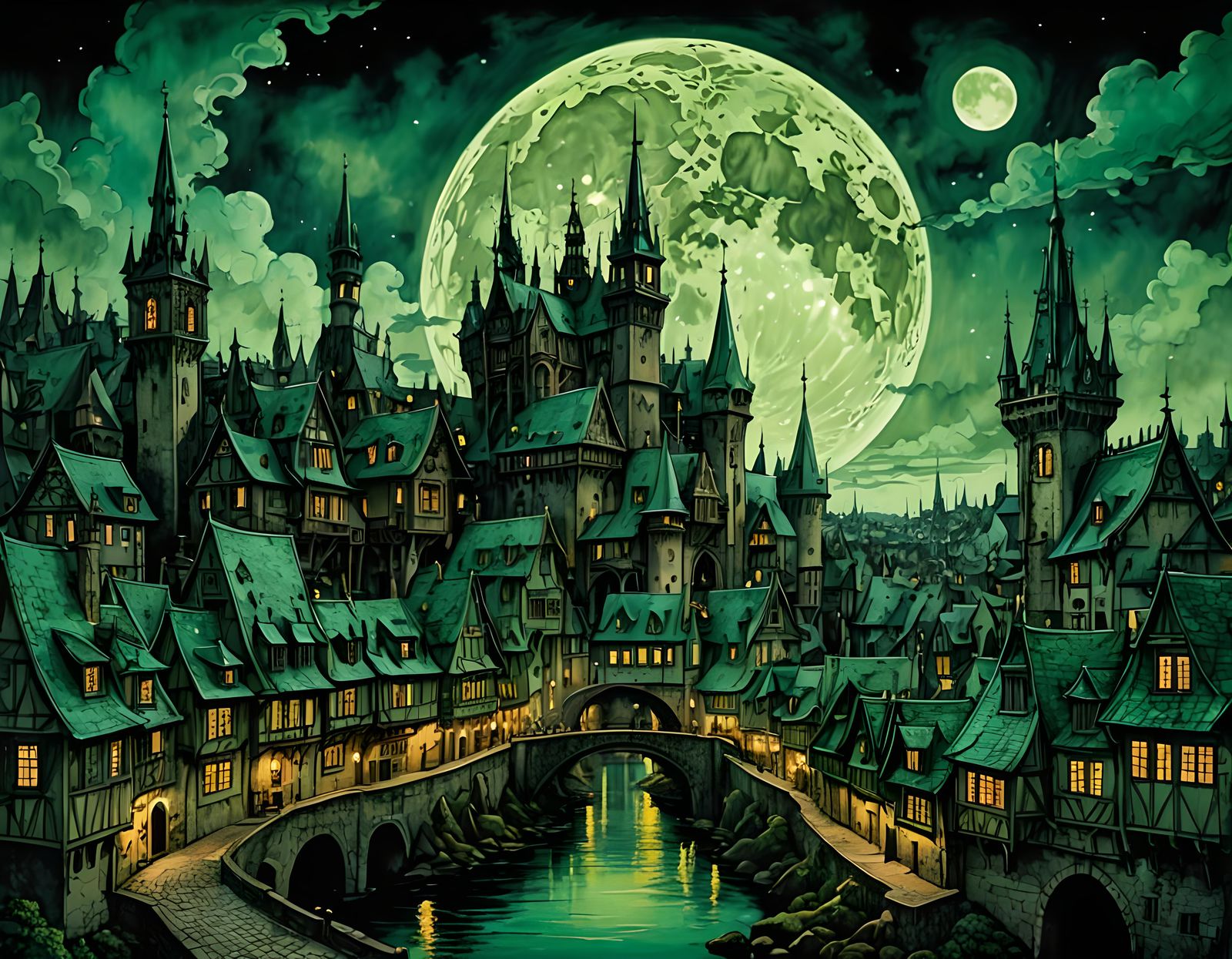 Fantasy City Under Pale Moon in Baroque Art Nouveau Style