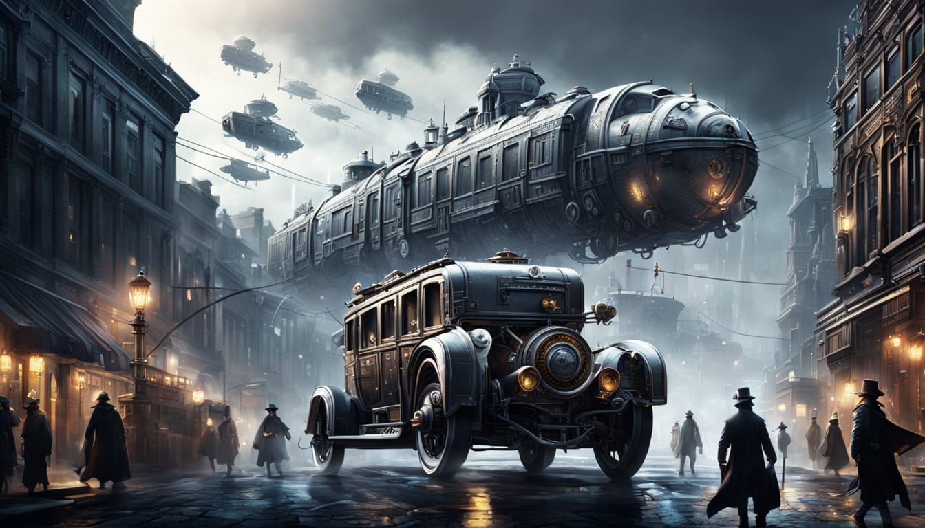 Steampunk Silver Cityscape at Dusk