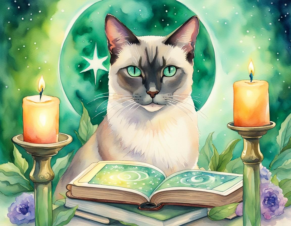 Mystic Siamese Cat with Tarot Cards in Watercolor
