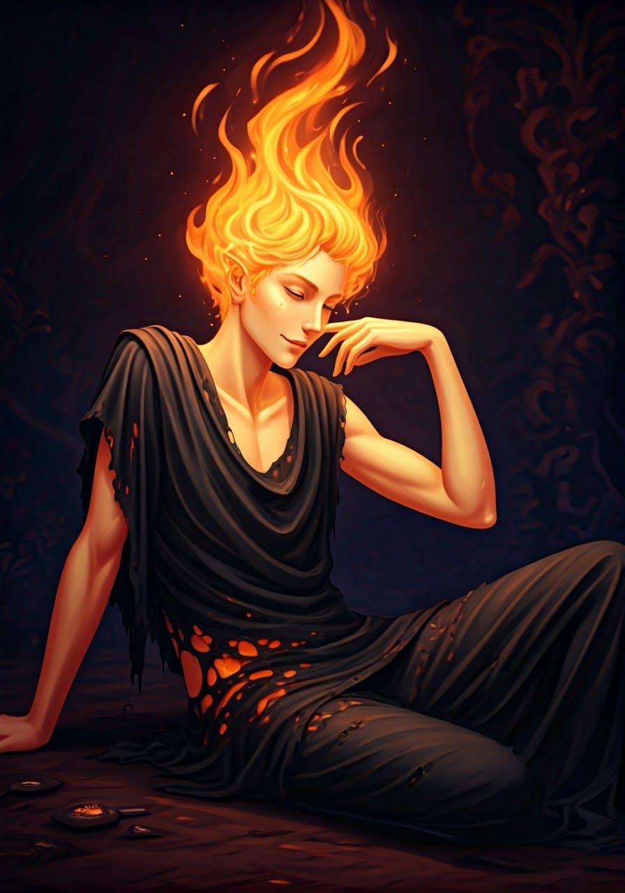 Androgynous Flame Figure in Dreamlike Setting