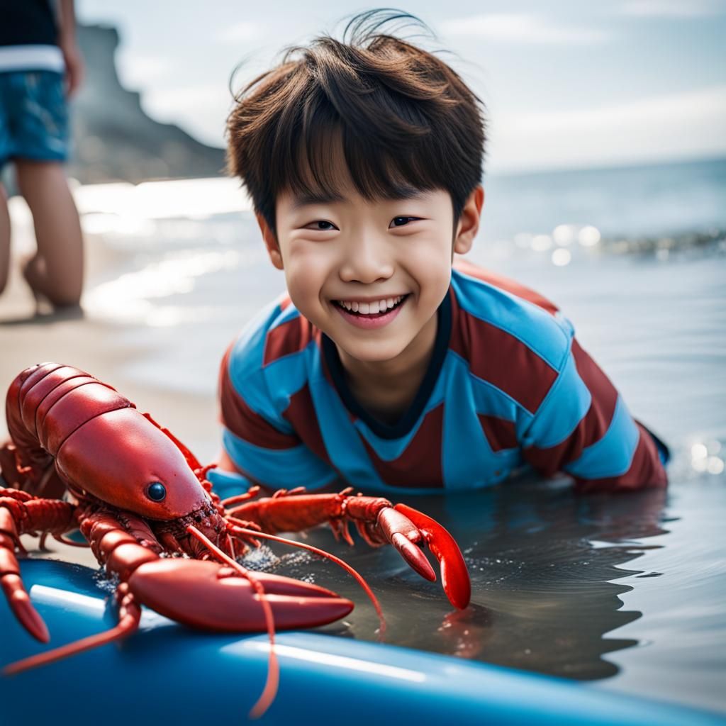 Boy Rescues Lobster on Beach