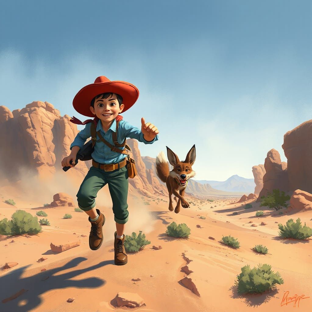 Road Runner Outruns Coyote in Desert Landscape