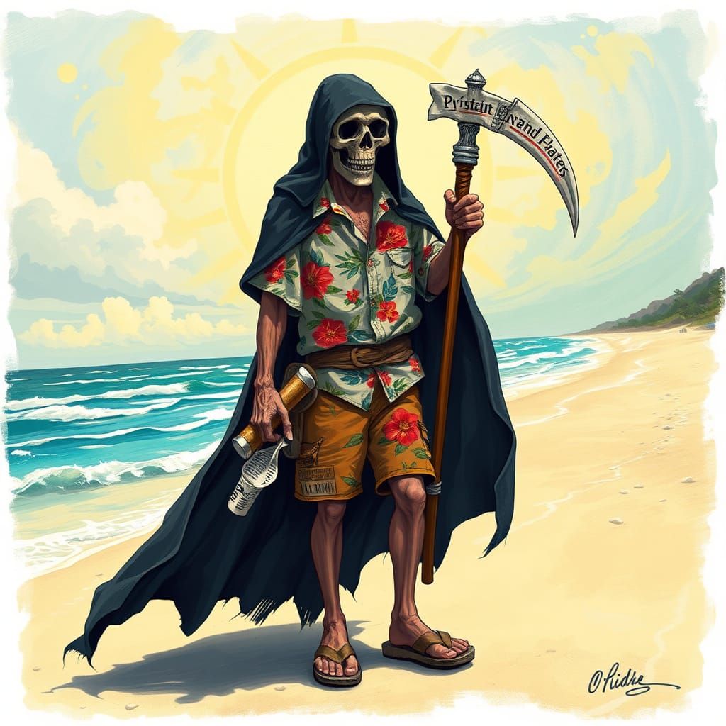 Grim Reaper's Beach Holiday: Whimsical Illustration