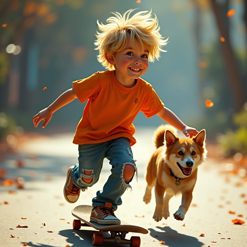 Boy on Skateboard with Dog in Splash Art Style
