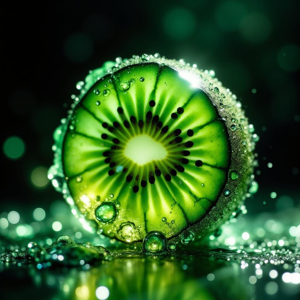 Hyperrealistic Glass Kiwi with Emerald and Gold Hues