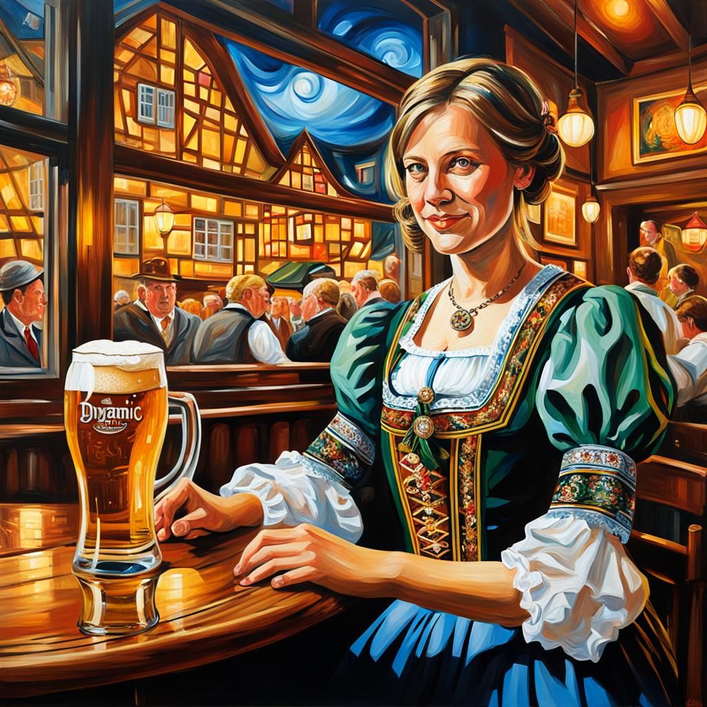 Abstract Painting: Woman in German Outfit at Pub