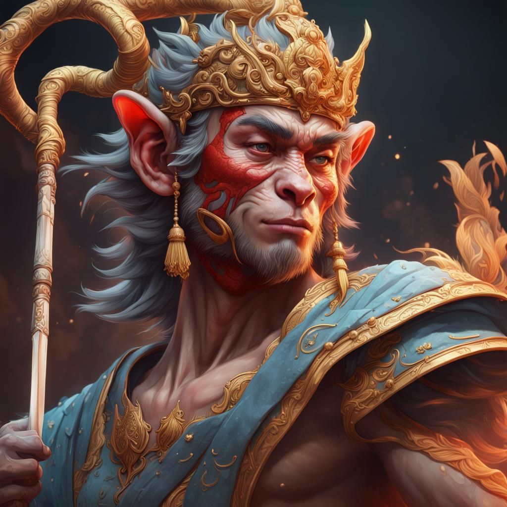 Hyperdetailed Monkey King Portrait in Triadic Colors