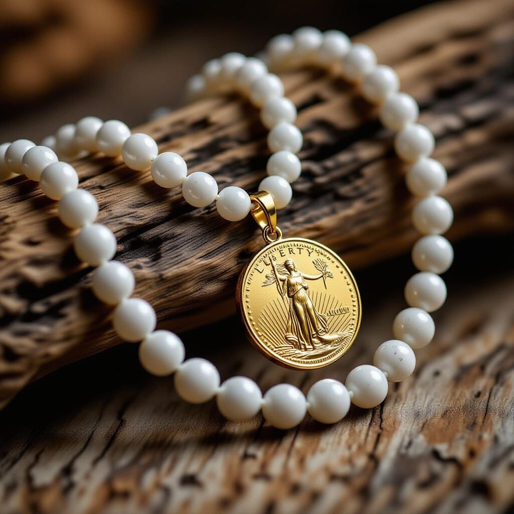 Magnesite Necklace with Gold Coin Pendant, Product Photograp...