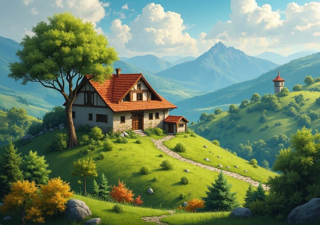 Village House on Hillside in Romantic Style