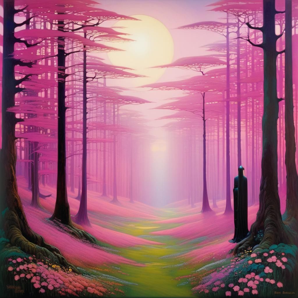 Pink Biomechanical Landscape in Art Nouveau Style