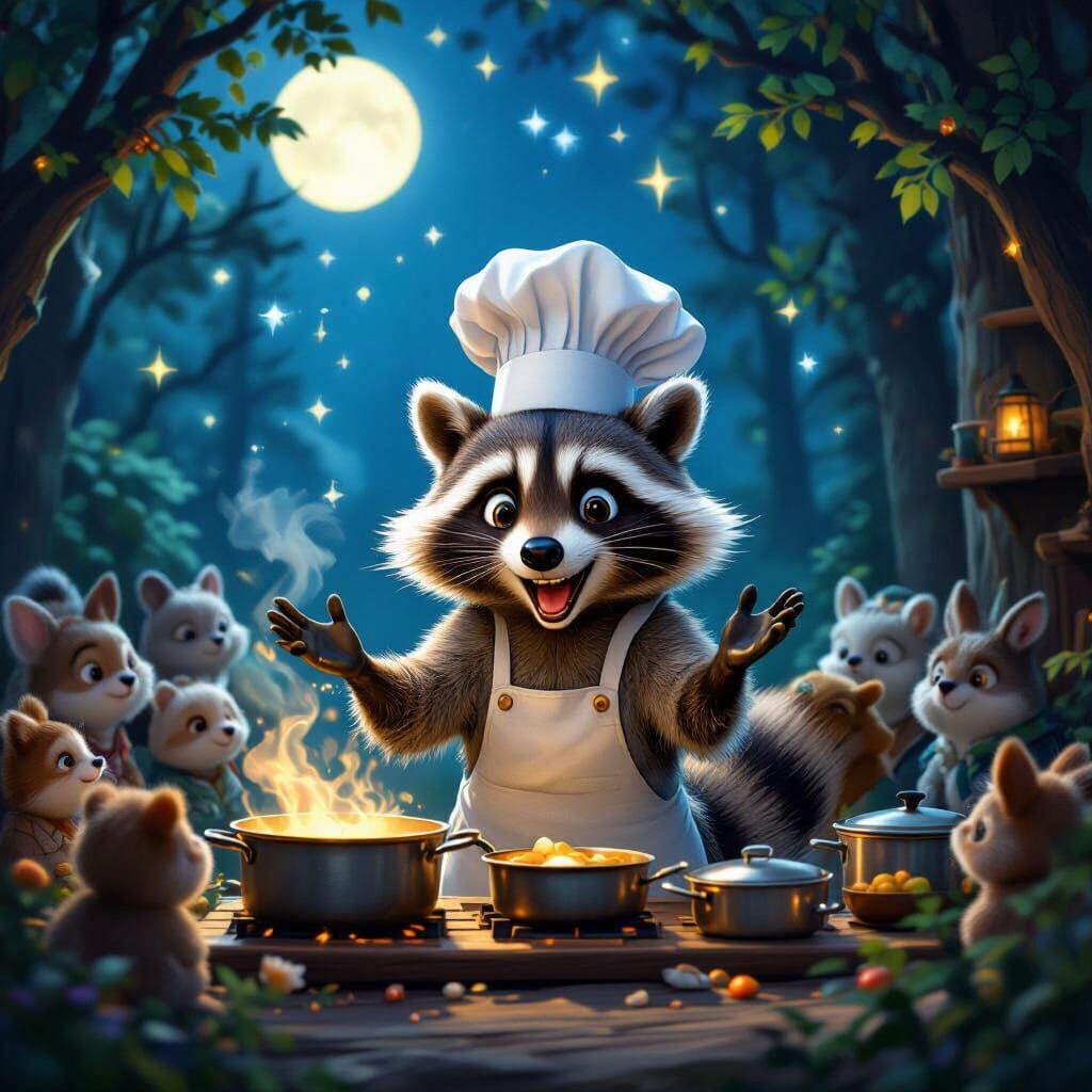 Raccoon Chef Hosts Forest Cooking Show Under Stars