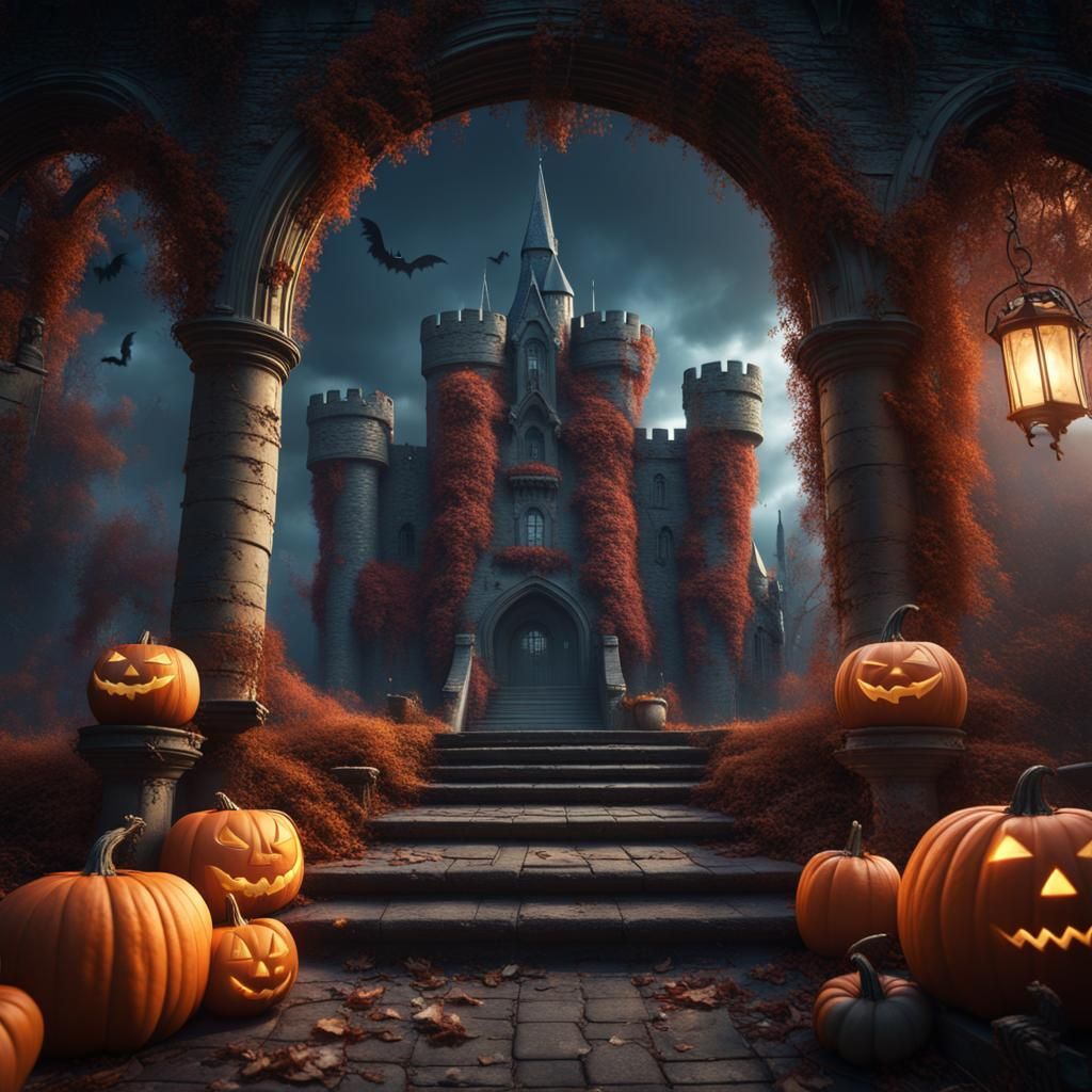 Halloween Castle Garden in Detailed Matte Painting