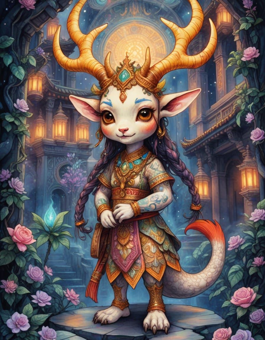 Whimsical Fantasy Creature in Ethereal Temple