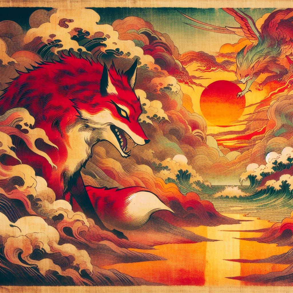 Fox at Sunrise: Watercolor and Woodblock Print Art