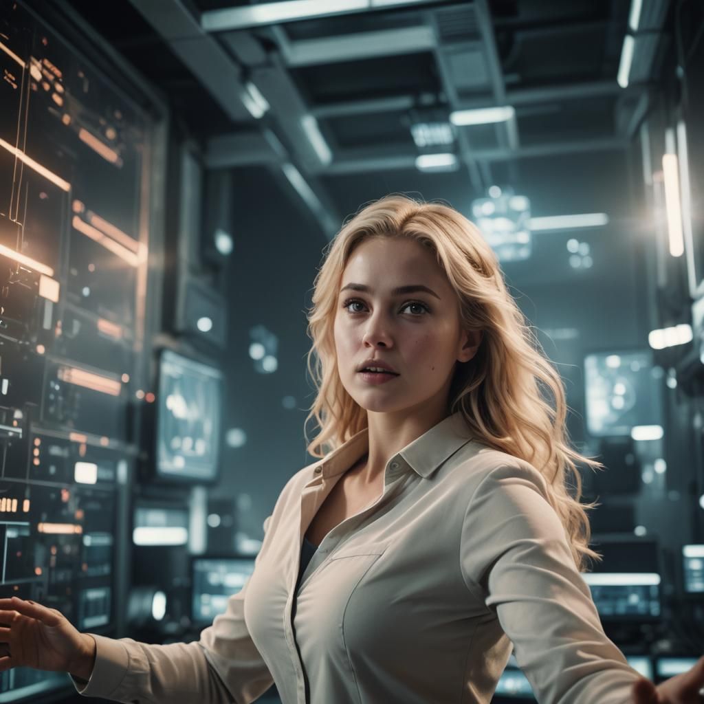 AI Woman Emerges from Computer Screen: Cinematic Still