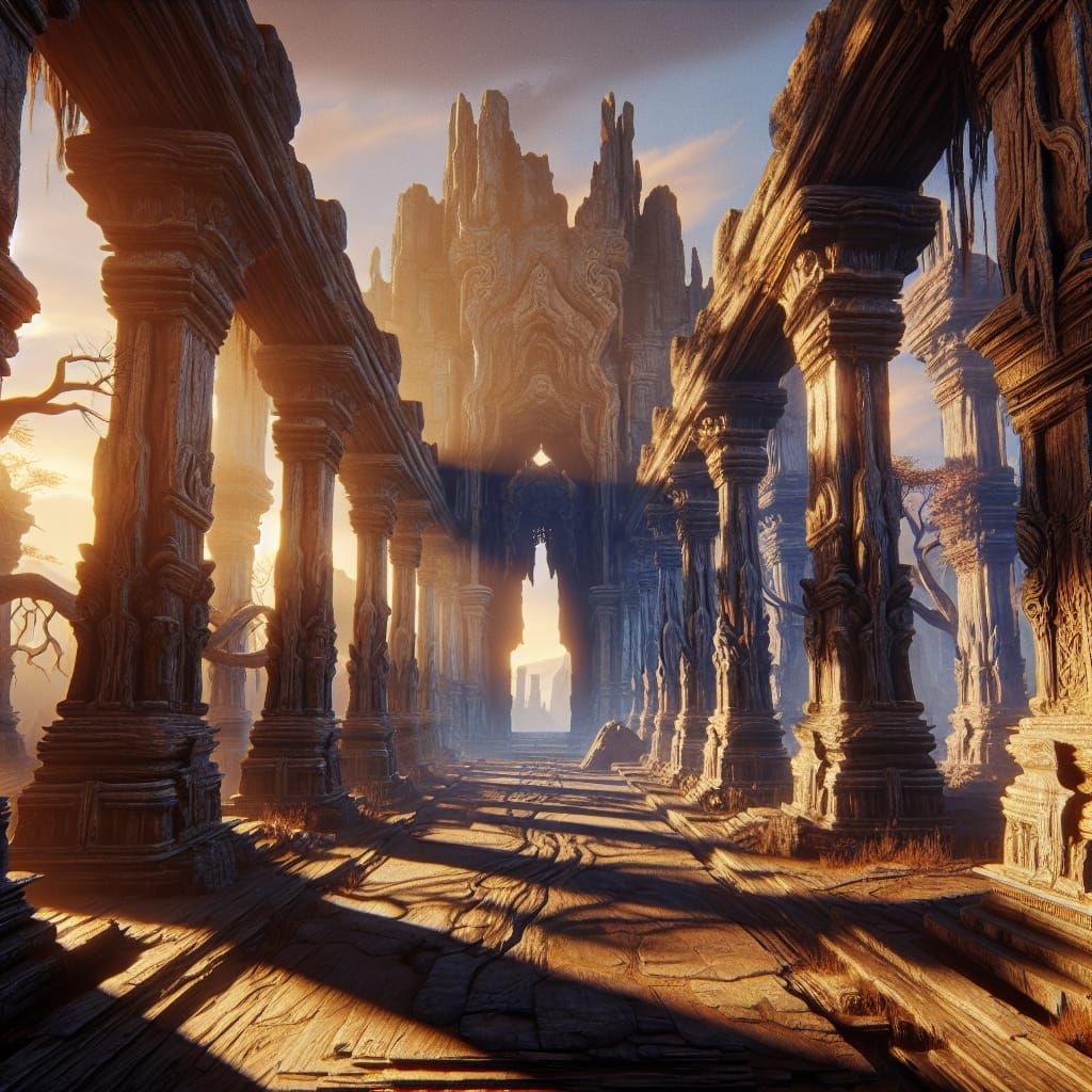 Ancient Temple Wide Shot at Dawn, Matte Painting Style