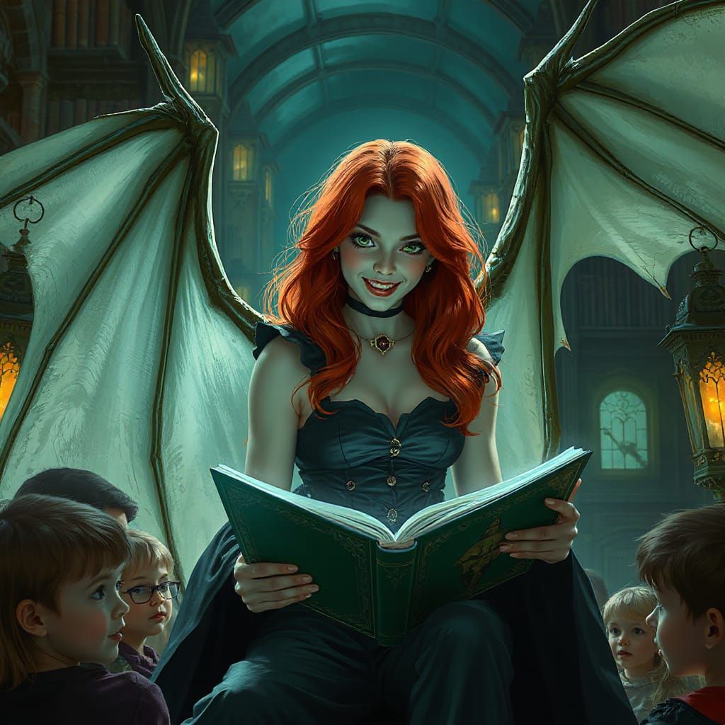 Gothic Vampire Reads to Children in Castle Library