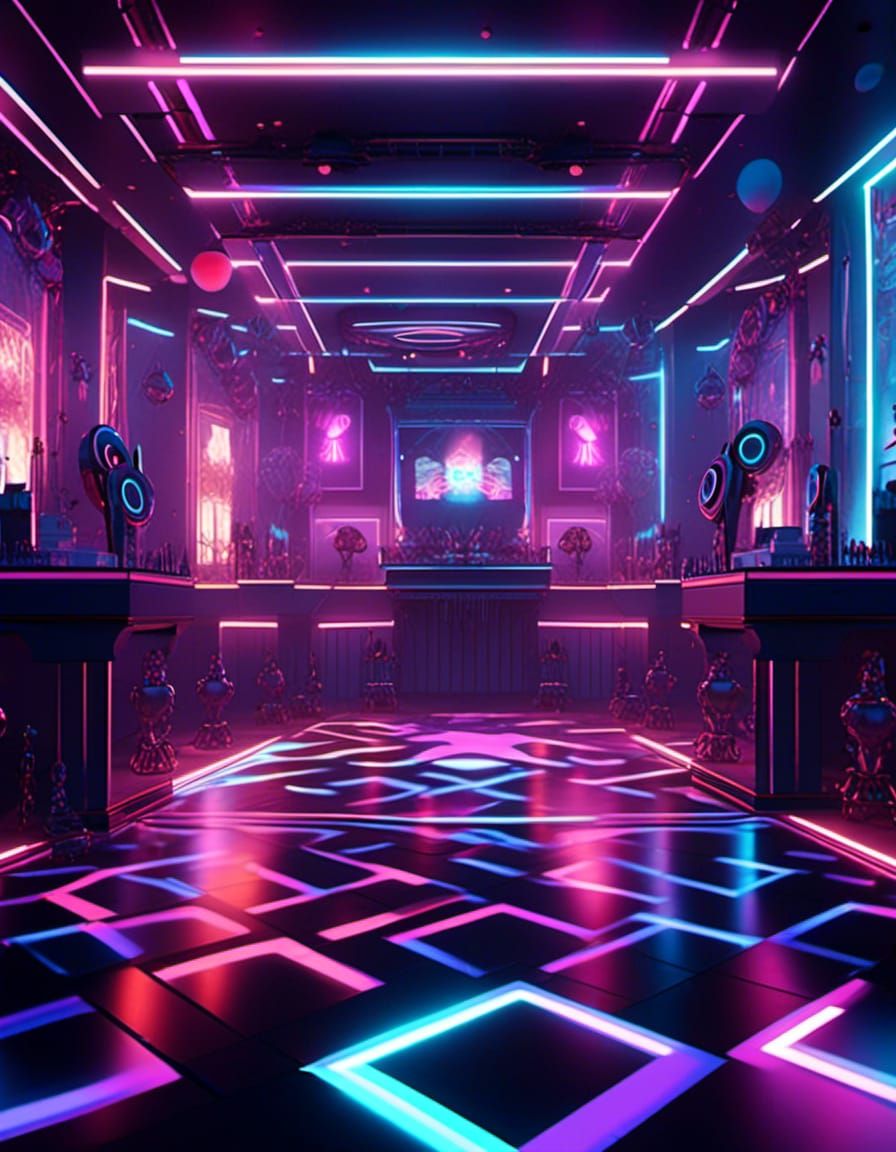 Interior picture of an Anime themed active disco club dance floor, neon, spotlights, multicolored dancers, 8Kresolution ...