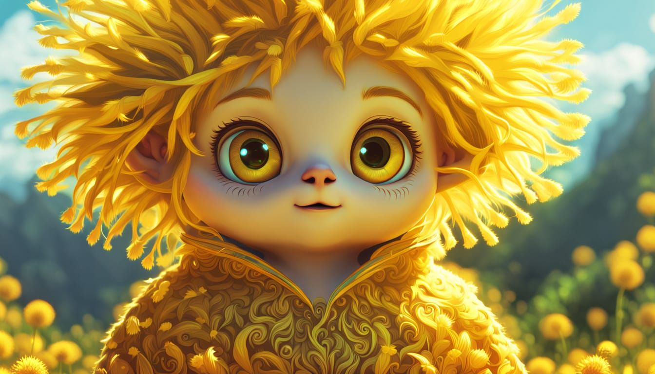 Golden Fluffy Humanoid in Whimsical Dandelion-Inspired Anime...
