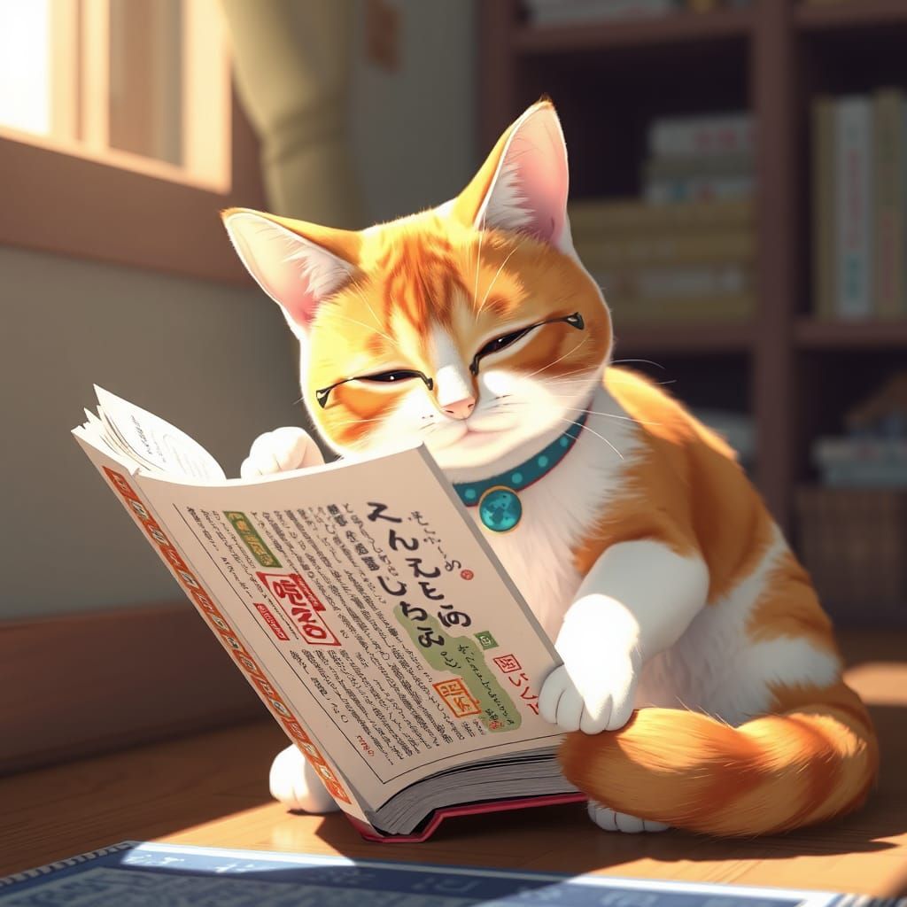 Cat Plays with Textbook in 3D Anime Style