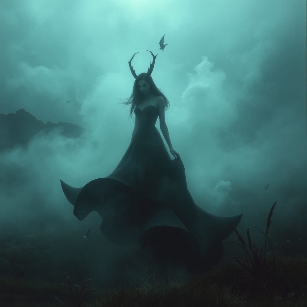 Eerie Goddess in Dark Landscape, Digital Art