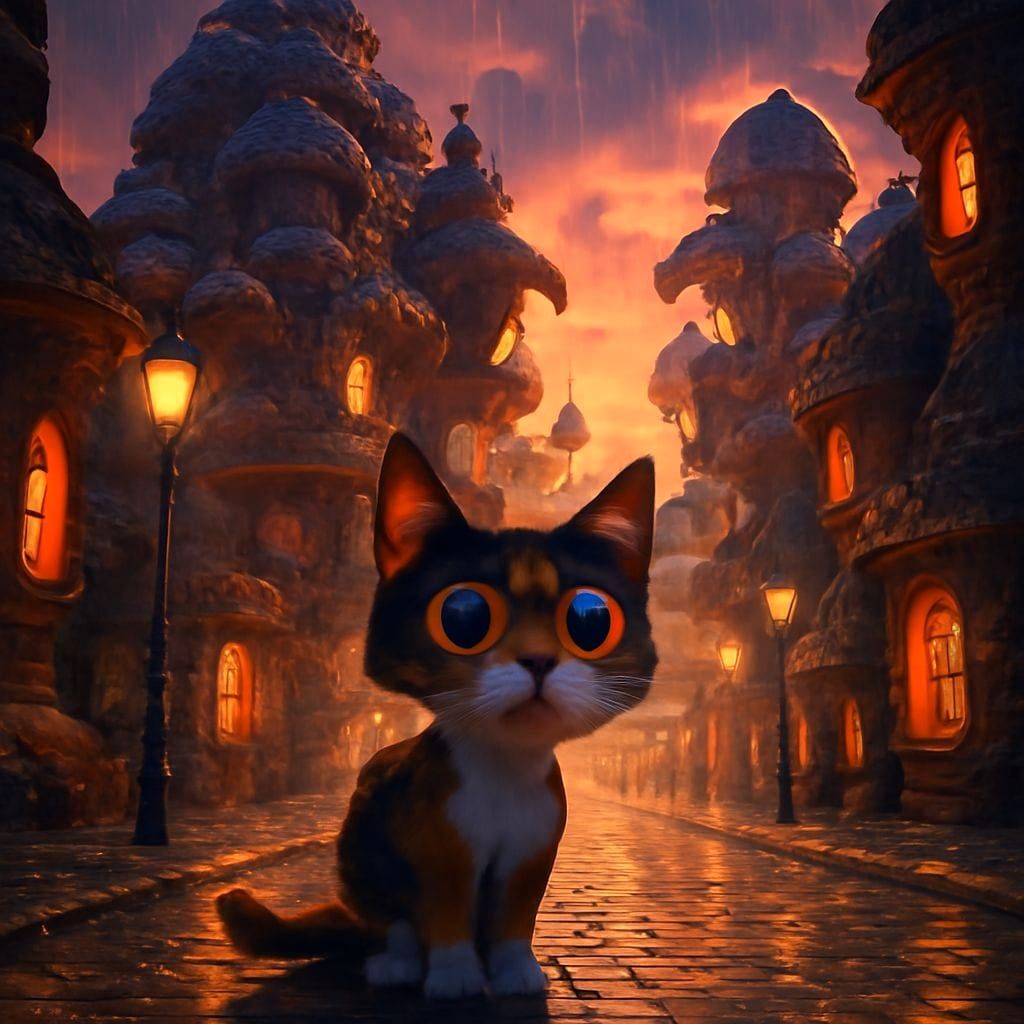 Cat in Cartoon Town at Sunset