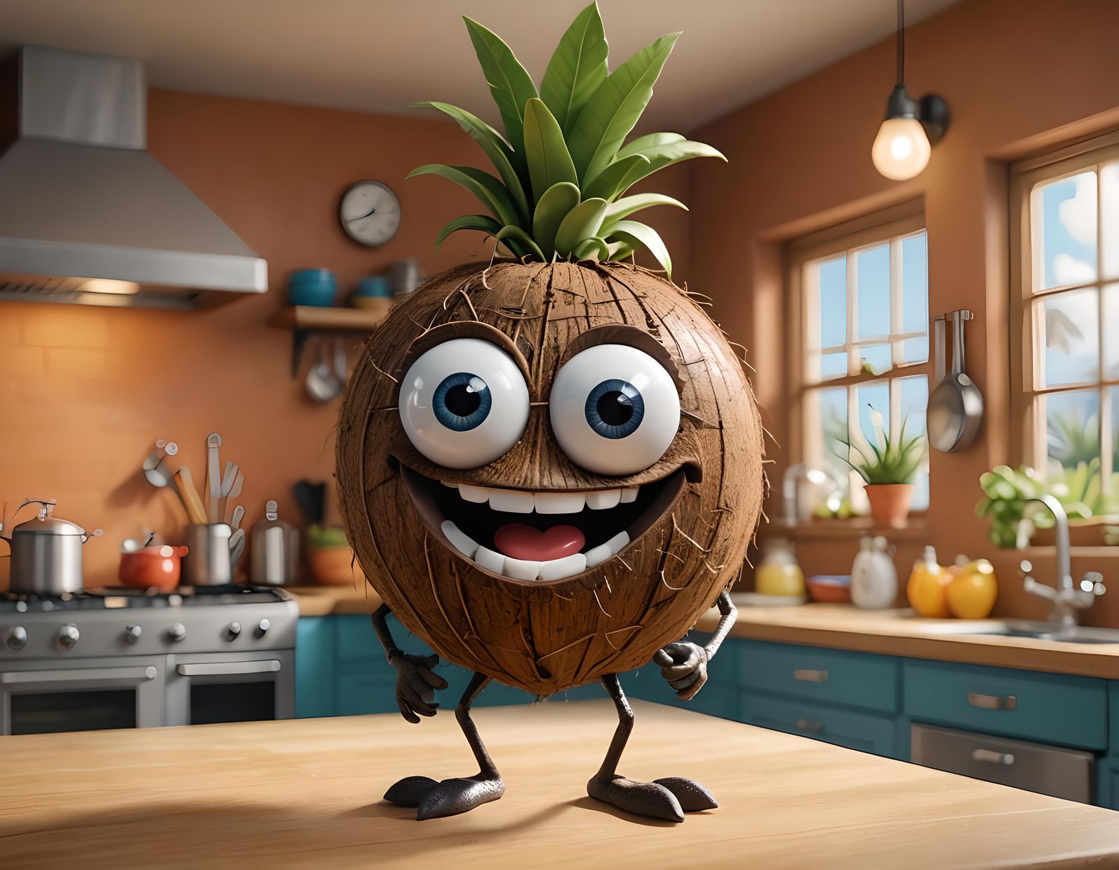Cartoon Coconut with Googly Eyes as 3D Digital Art