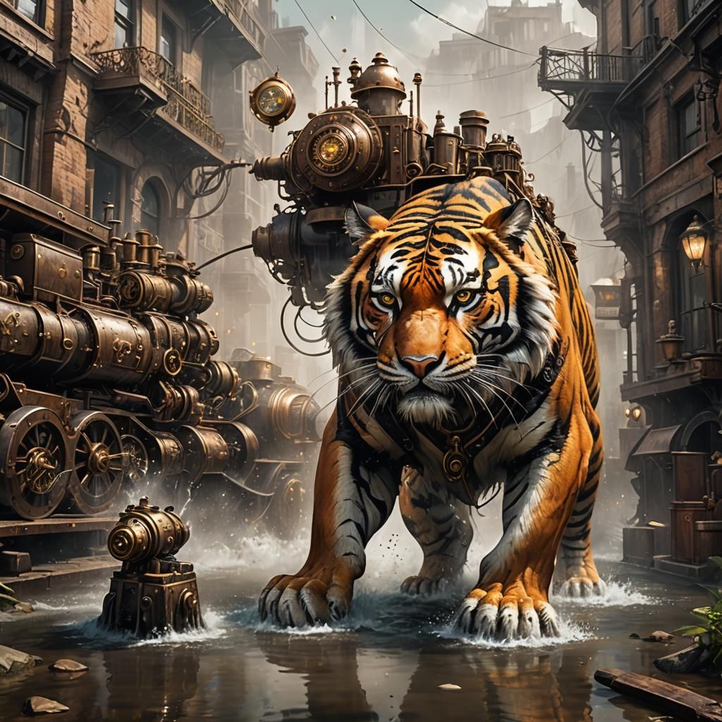 Steampunk Mechanical Tiger in Victorian Cityscape