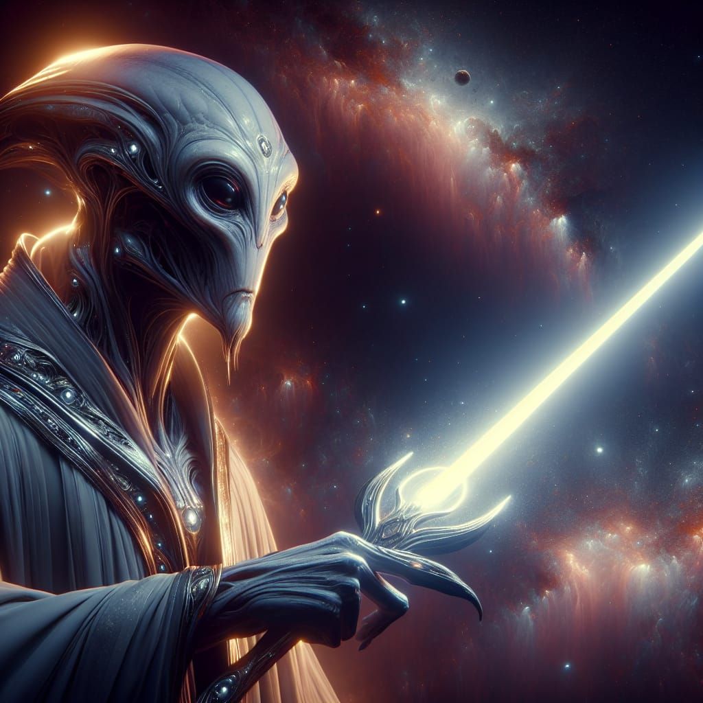 Wise Alien Warrior with Glowing Blade