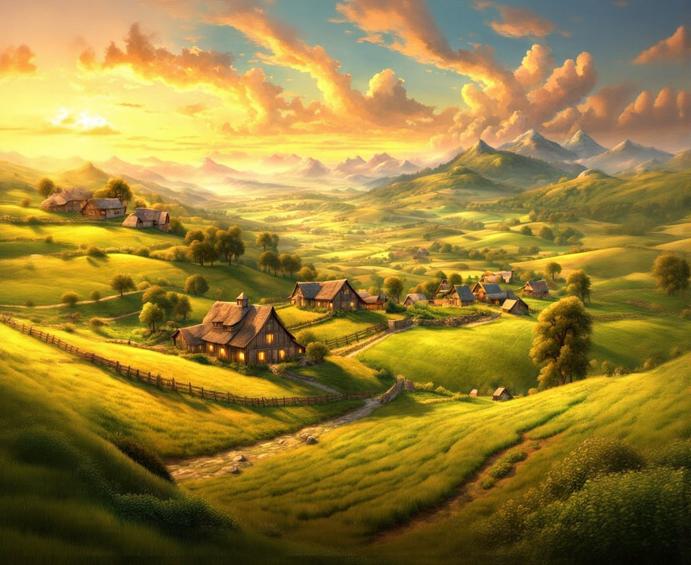 Lush Countryside Farm in Vivid Watercolor Style