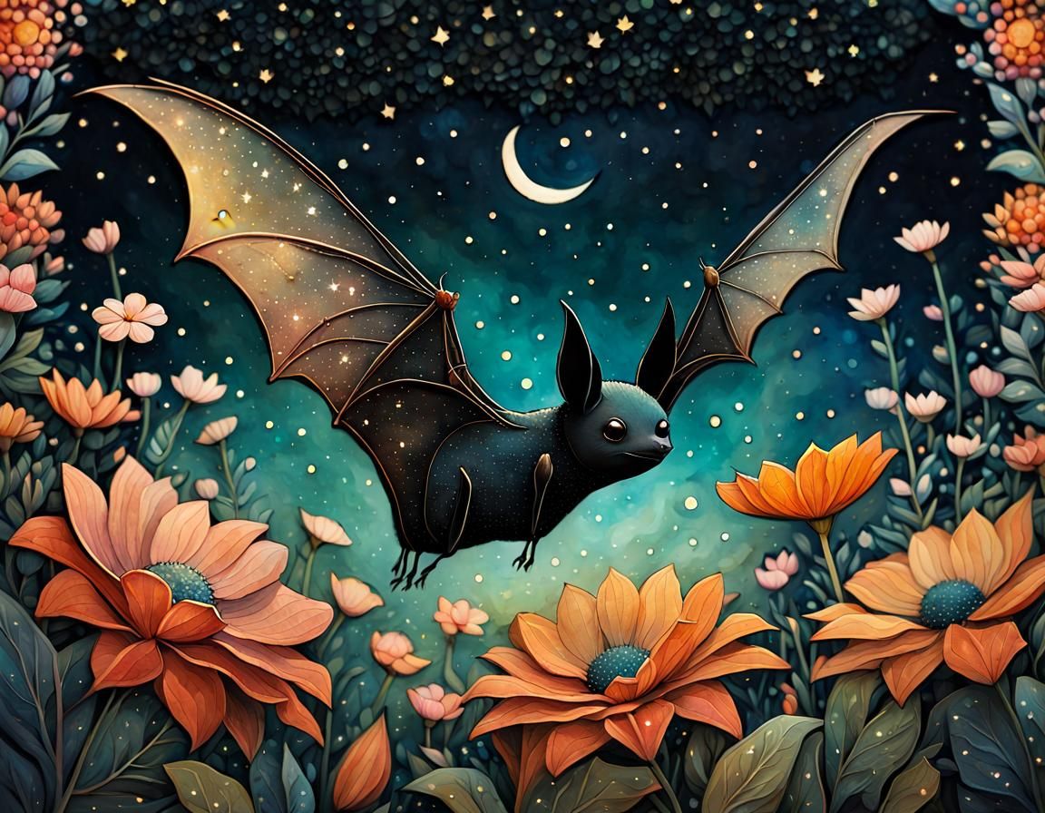 Cute Bat Flying in Night Flower Garden